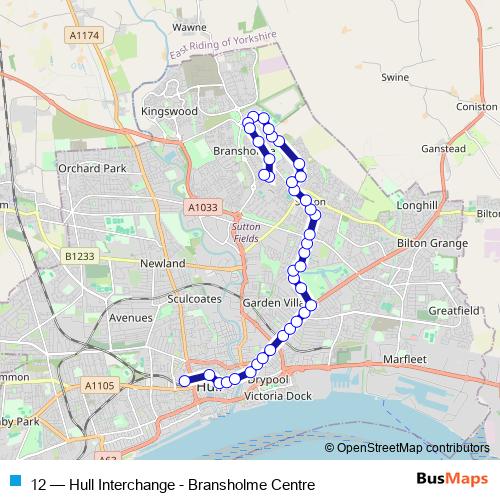 Bus route 12 - Hull Interchange - Bransholme Centre in Kingston upon Hull