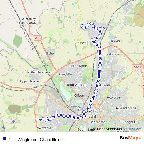 Bus 1 Stops & Times in York