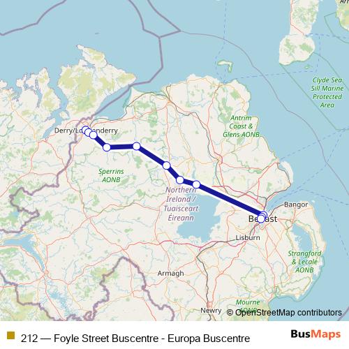 212 (Foyle Street Buscentre - Europa Buscentre) Bus, route scheme and ...