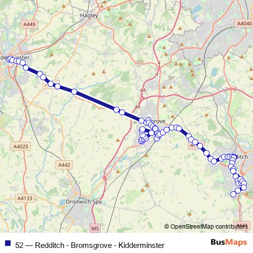 52 (Redditch - Bromsgrove - Kidderminster) Bus, route scheme and ...