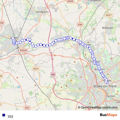 Bus 103 Hanley - Crewe in Stoke-on-Trent by First Potteries